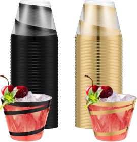 Rimmed Swirl Plastic Cups Disposable Wine Drinking Cups Clear Elegant Halloween Tumblers for Christmas Party Supplies(Black, Gold,50 Pcs)