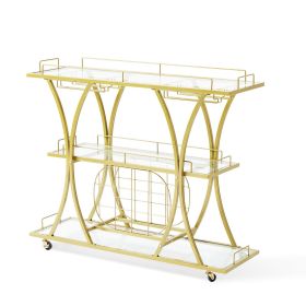 VEVOR Bar Cart Gold, 3 Tiers Home Bar Serving Cart on Lockable Wheels, Rolling Alcohol Cart with Tempered Glass Shelves Guardrail Wine Rack