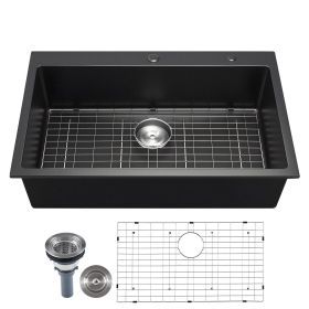 VEVOR 33 inch Kitchen Sink Workstation, Top Mount Granite Sinks, Drop-In Single Bowl Farmhouse Basin with Multiple Accessories (Sink Width: 33 inches, Sink Structure: Stepless)